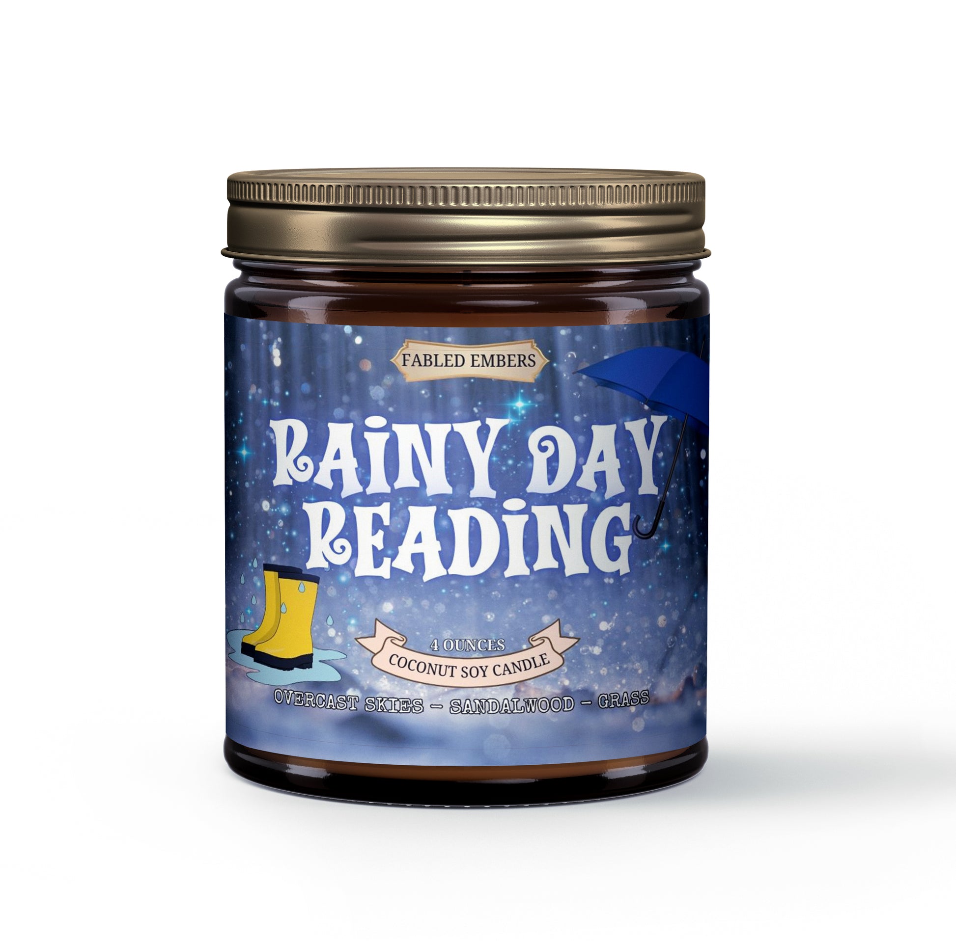 Our "Rainy Day Reading" coconut soy candle perfectly captures the essence of a quiet afternoon. The charming label features sparkling rain, a blue umbrella, and yellow rain boots, inviting you to curl up with a good book. Scented with overcast skies, sandalwood, and grass.