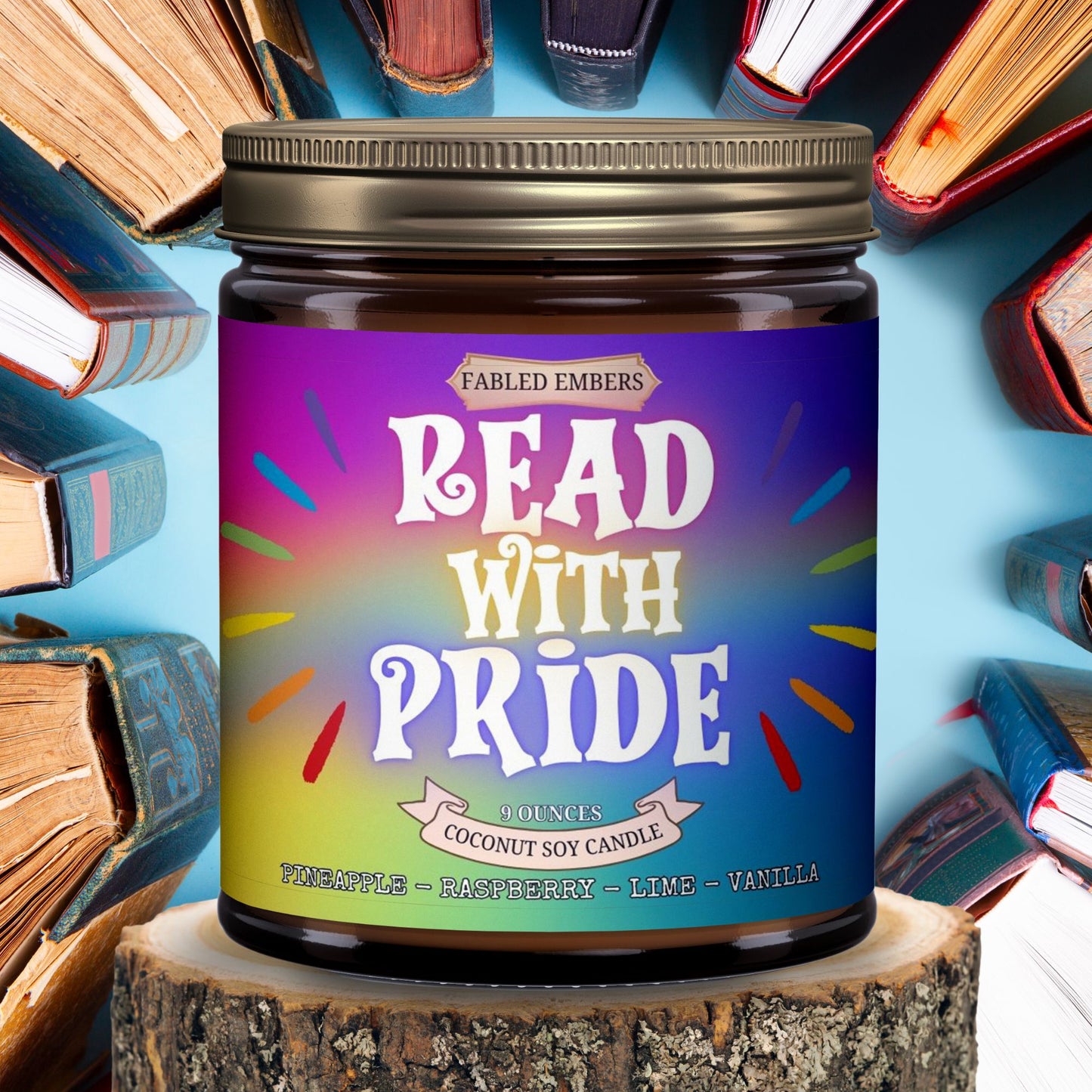 Celebrate reading with our "Read With Pride" coconut soy candle! Its bright, colorful label features a rainbow burst design. The scent is a vibrant blend of pineapple, raspberry, lime, and vanilla. Perfect for adding a touch of joy and pride to any space.