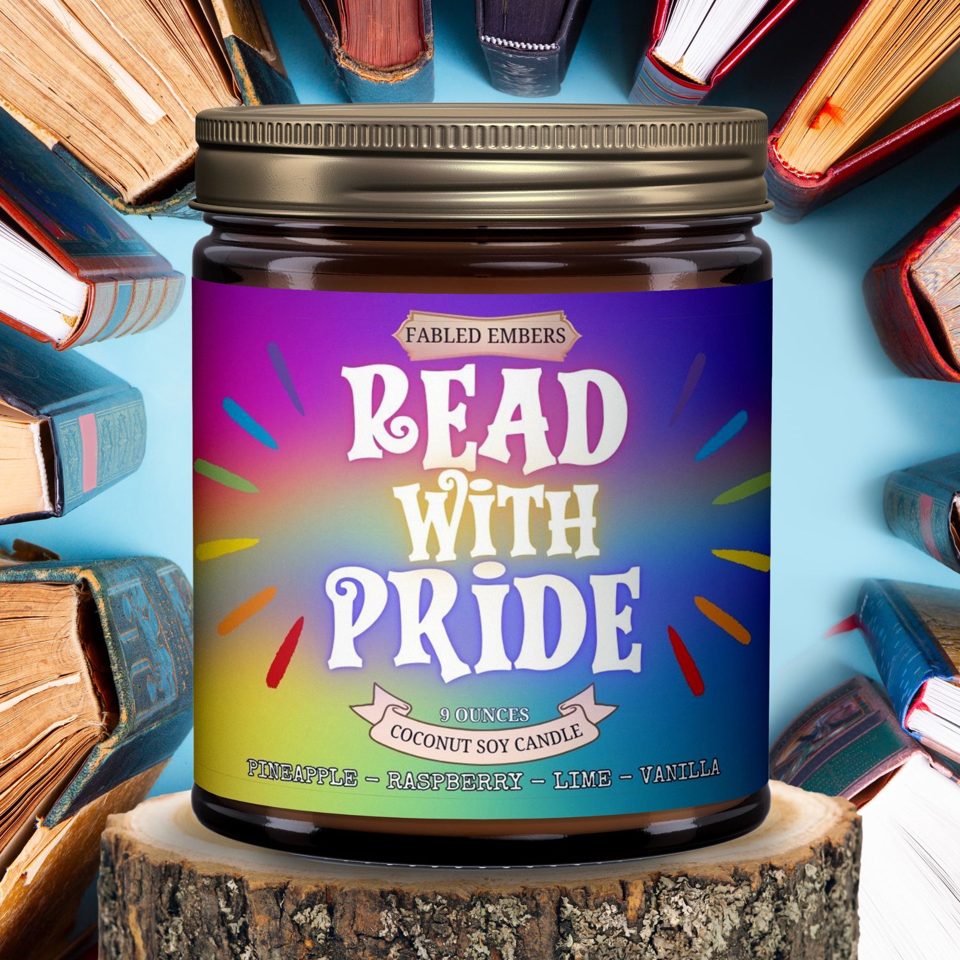 Celebrate reading with our "Read With Pride" coconut soy candle! Its bright, colorful label features a rainbow burst design. The scent is a vibrant blend of pineapple, raspberry, lime, and vanilla. Perfect for adding a touch of joy and pride to any space.