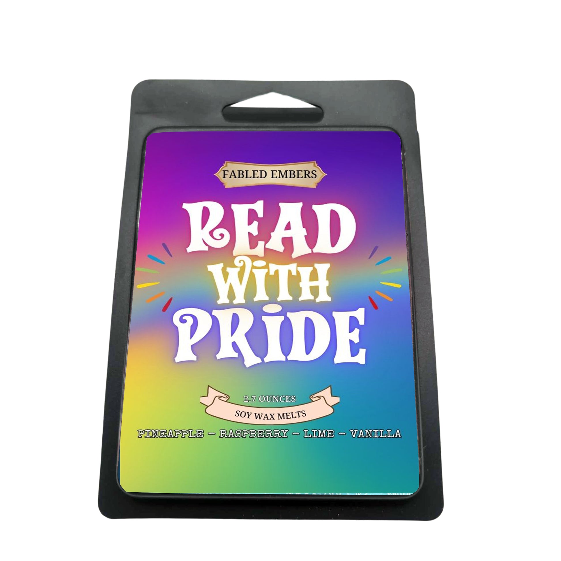 Celebrate with our "Read With Pride" soy wax melts! This vibrant melt features a rainbow-gradient label and a joyful burst design. Perfect for infusing your space with pride and the scents of pineapple, raspberry, lime, and vanilla.