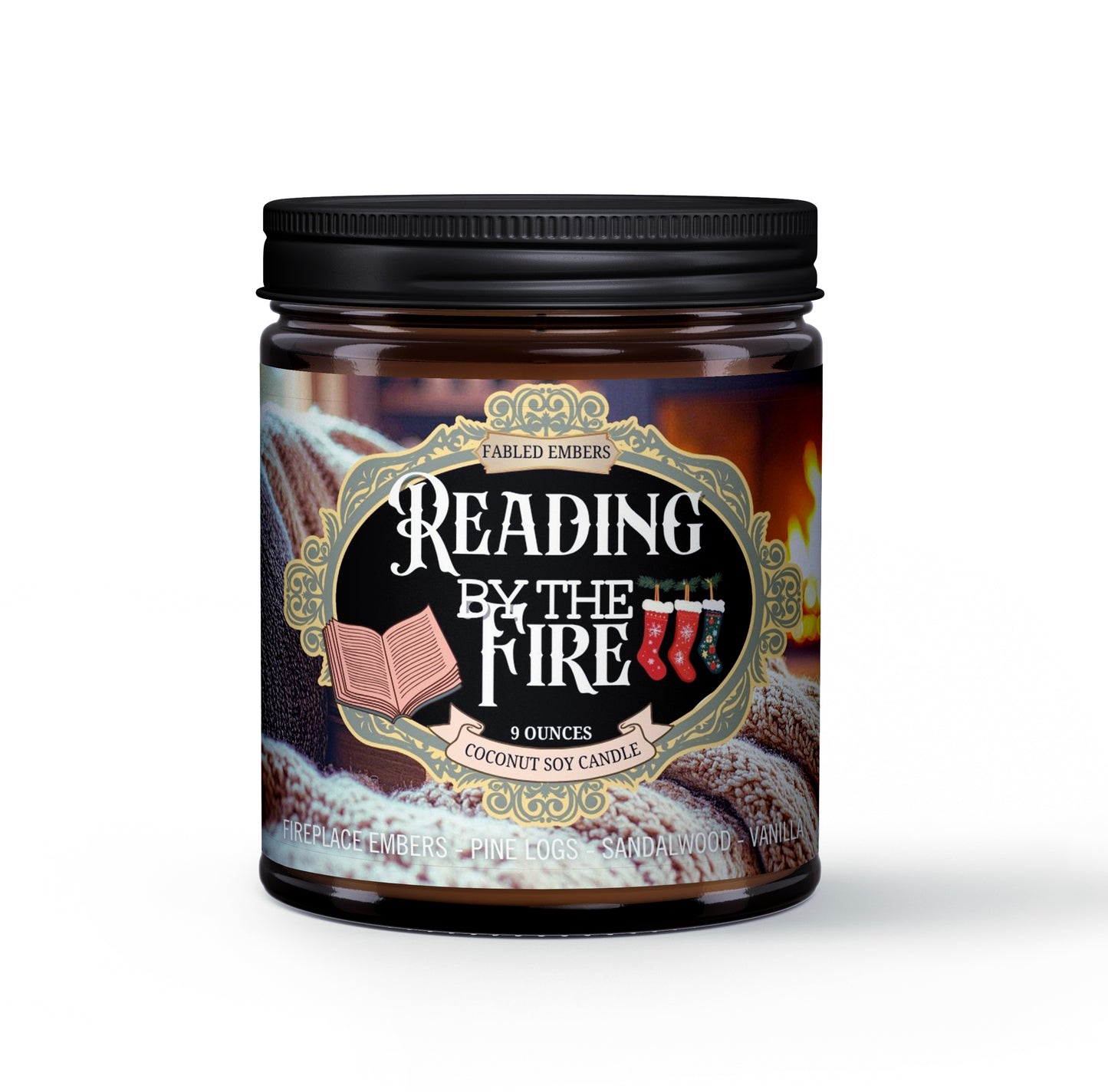 Candle jar labeled 'Reading by the Fire' with decorative design on a white background