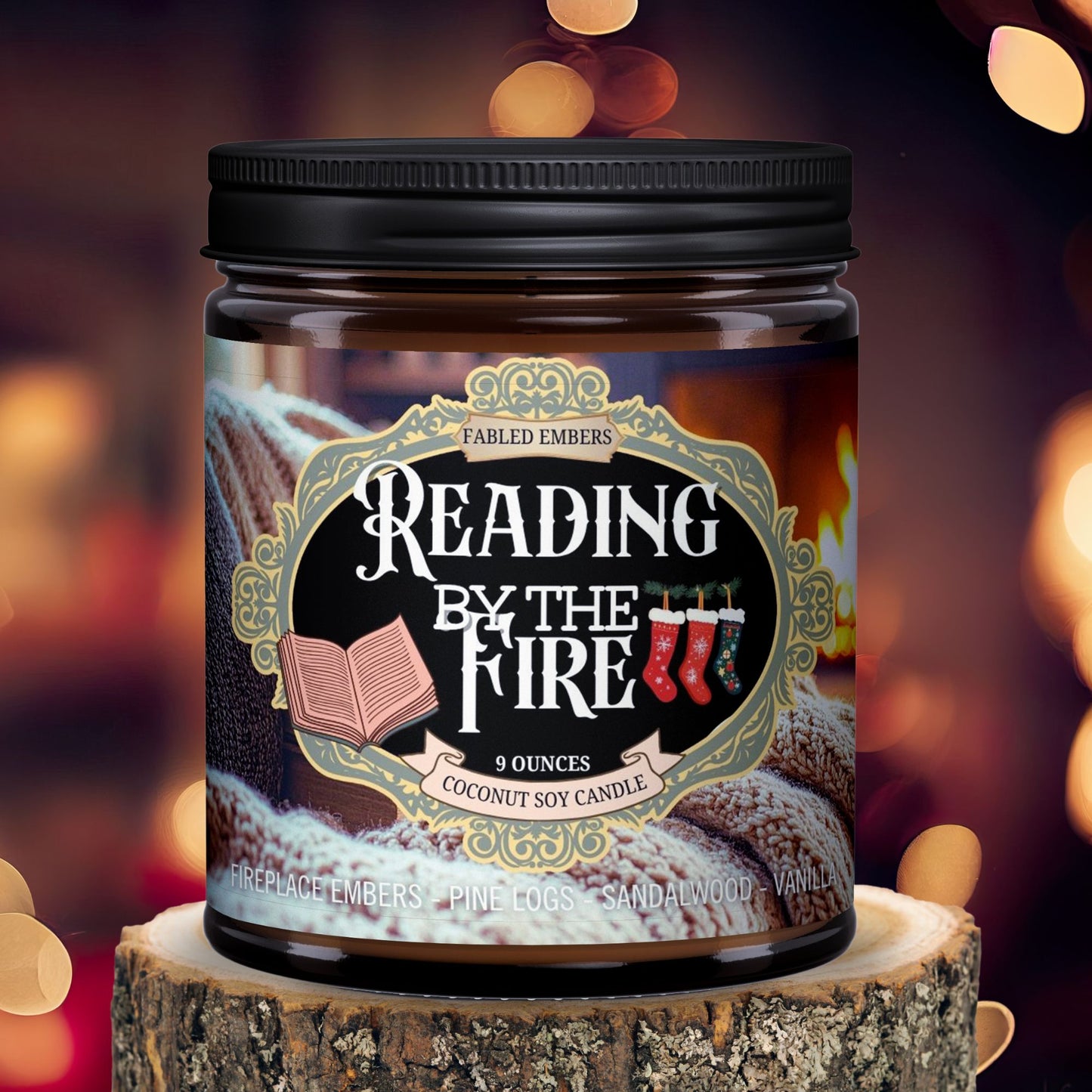 Candle jar labeled 'Reading by the Fire' on a wooden log with a warm, blurred background.