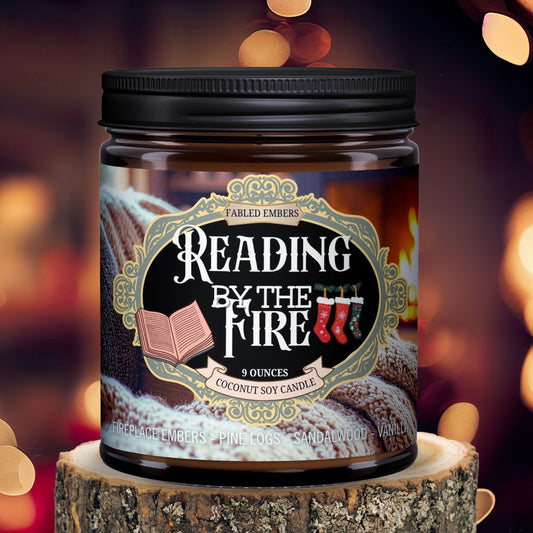 Candle jar labeled 'Reading by the Fire' on a wooden log with a warm, blurred background.