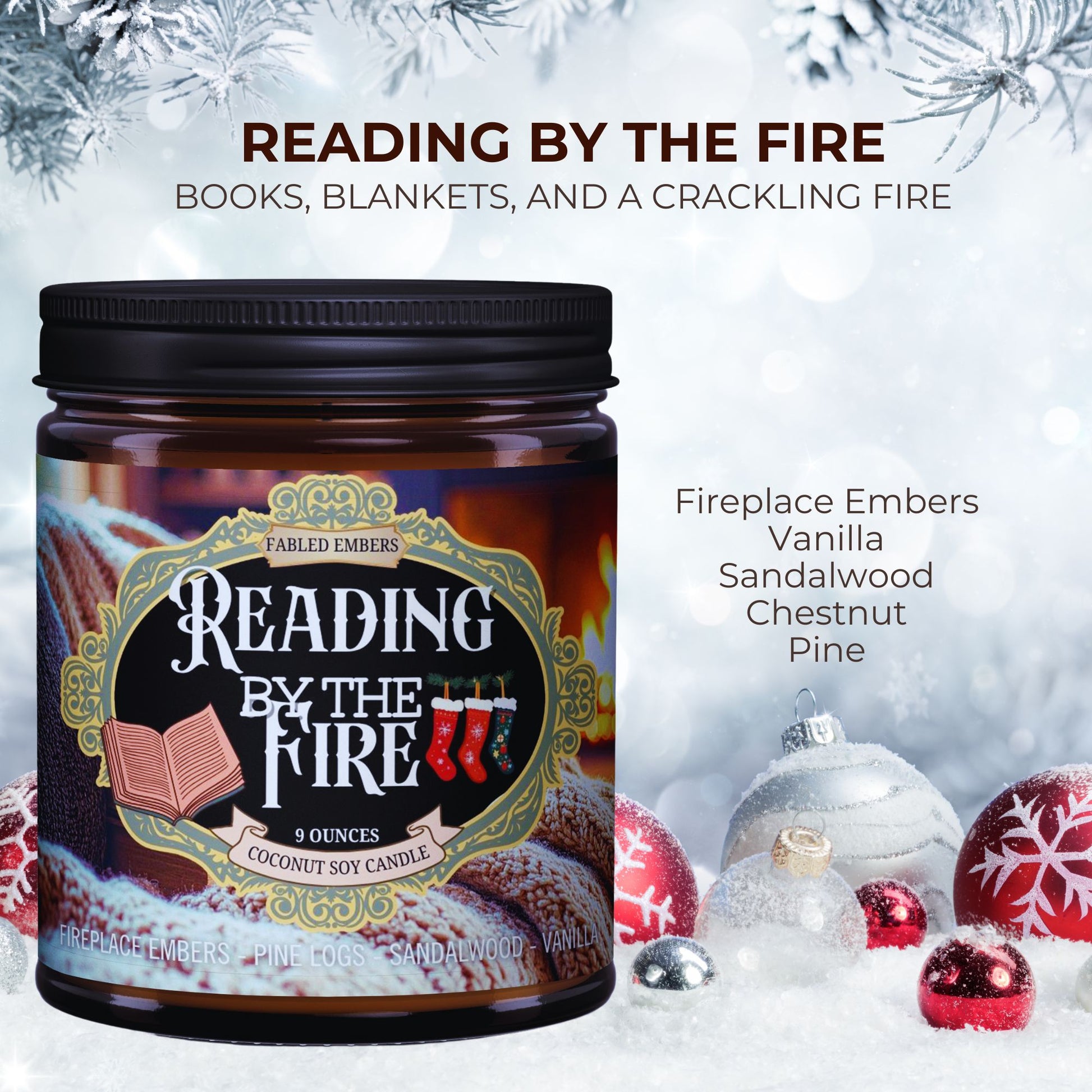 Candle labeled 'Reading by the Fire' with winter-themed decorations and text.