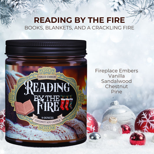 Candle labeled 'Reading by the Fire' with winter-themed decorations and text.