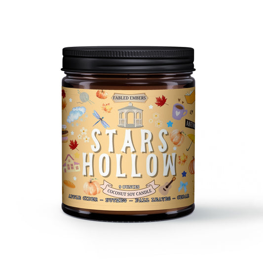 Candle jar with 'Stars Hollow' label on a white background