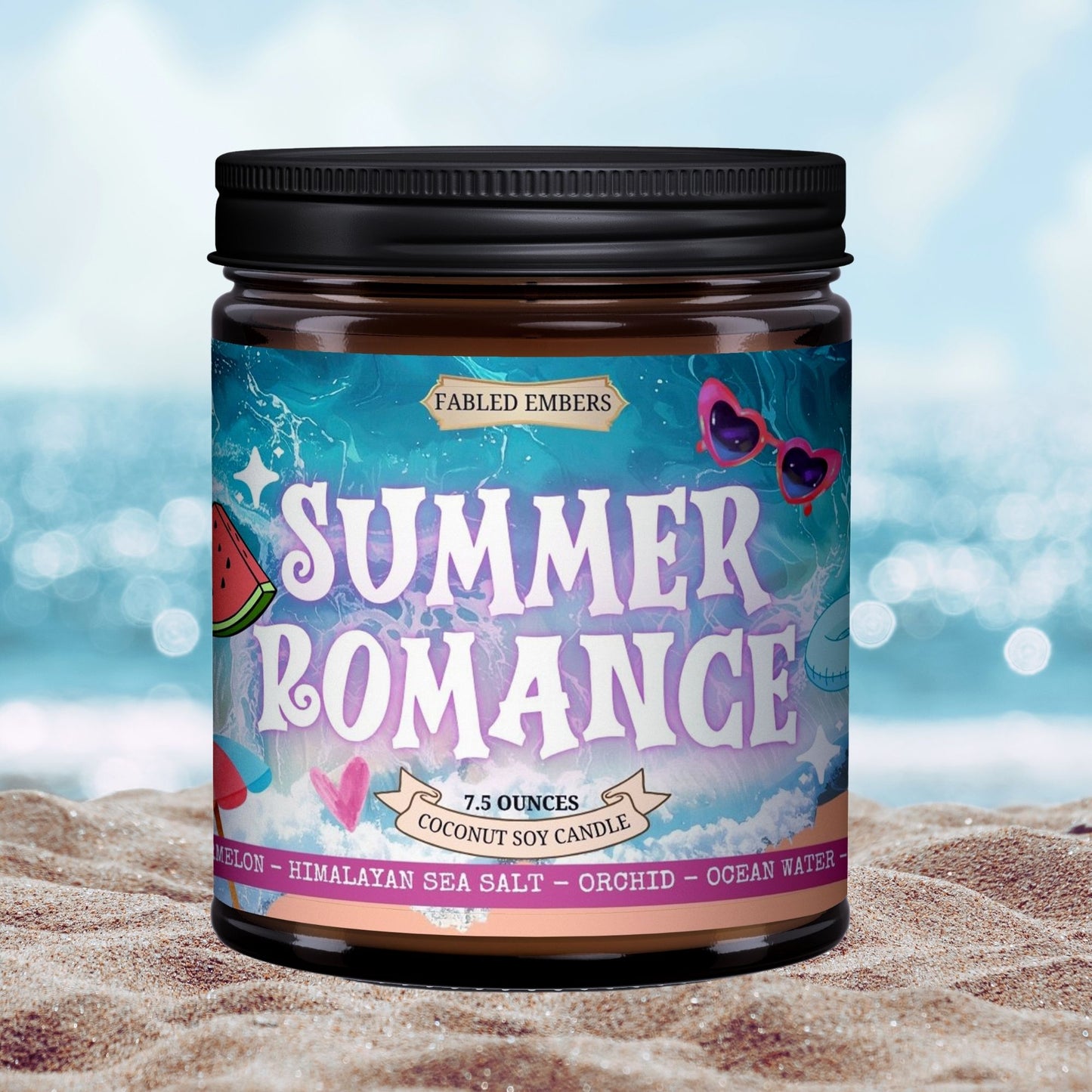 Candle jar labeled 'Summer Romance' by Fabled Embers on a beach background