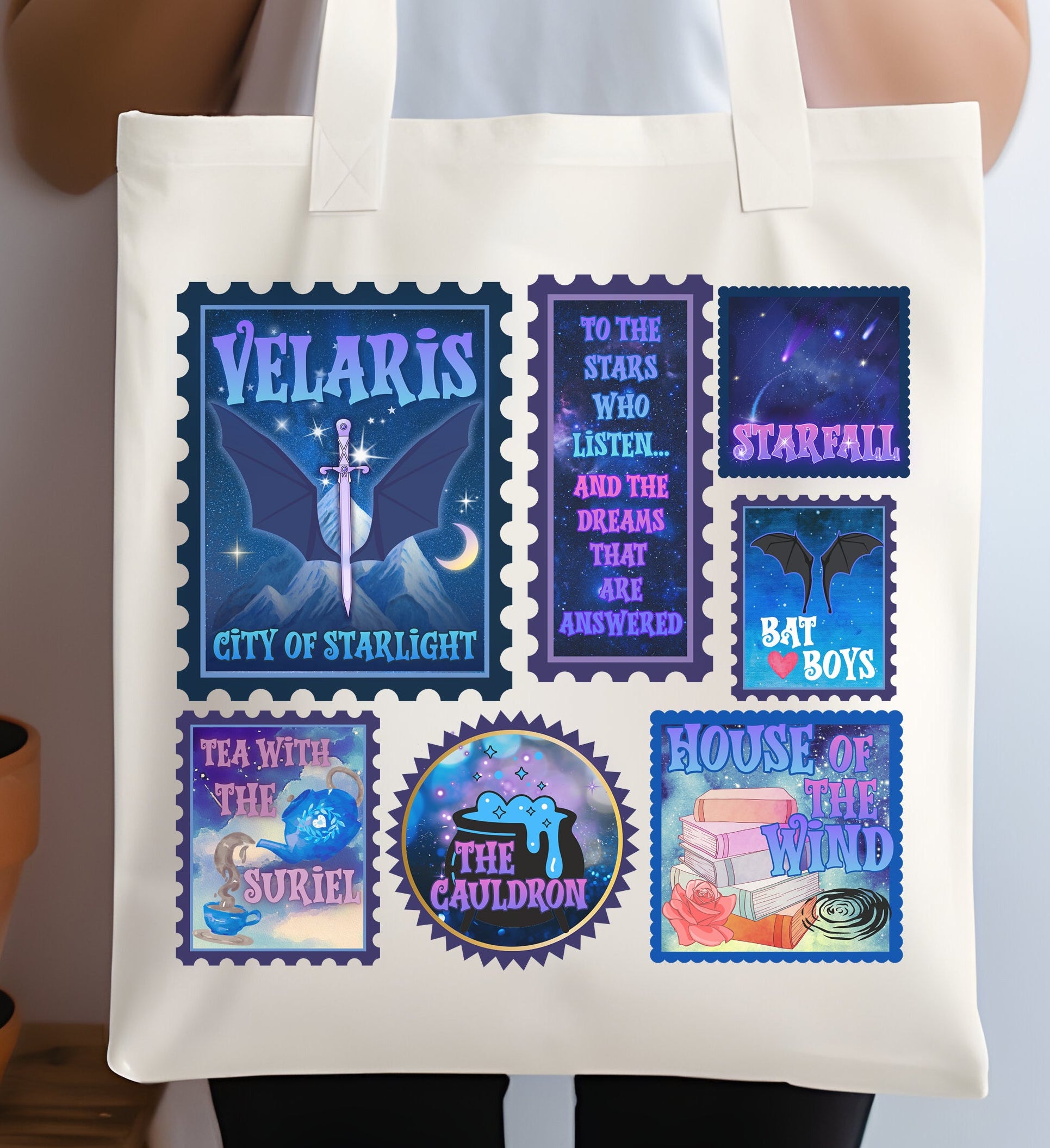 Tote bag with fantasy-themed designs and text on a white background