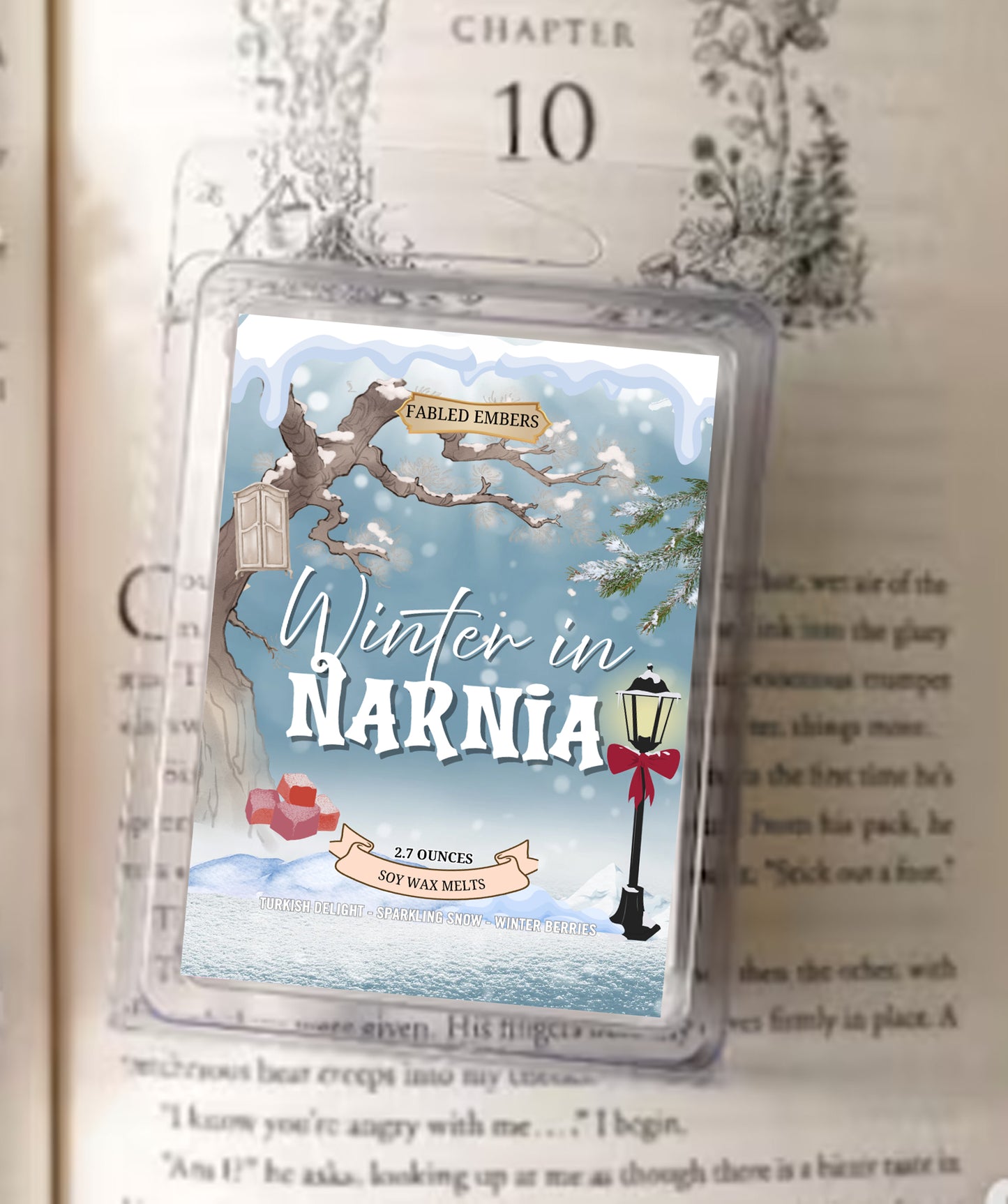 Winter in Narnia wax melt packaging on a book page