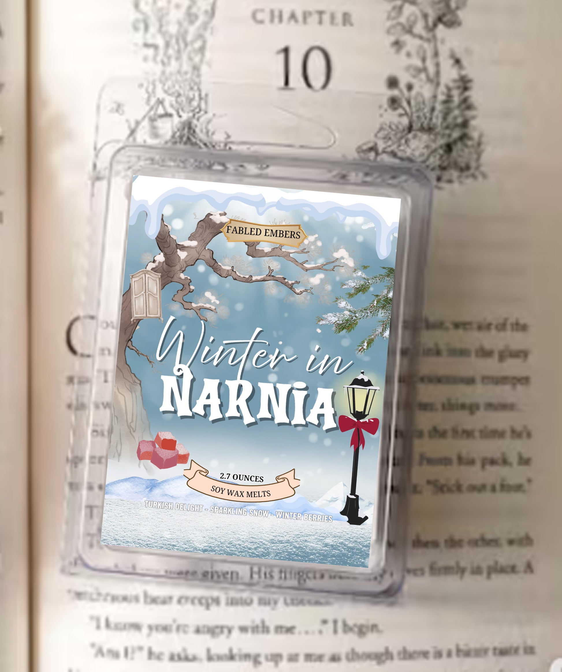 Winter in Narnia wax melt packaging on a book page