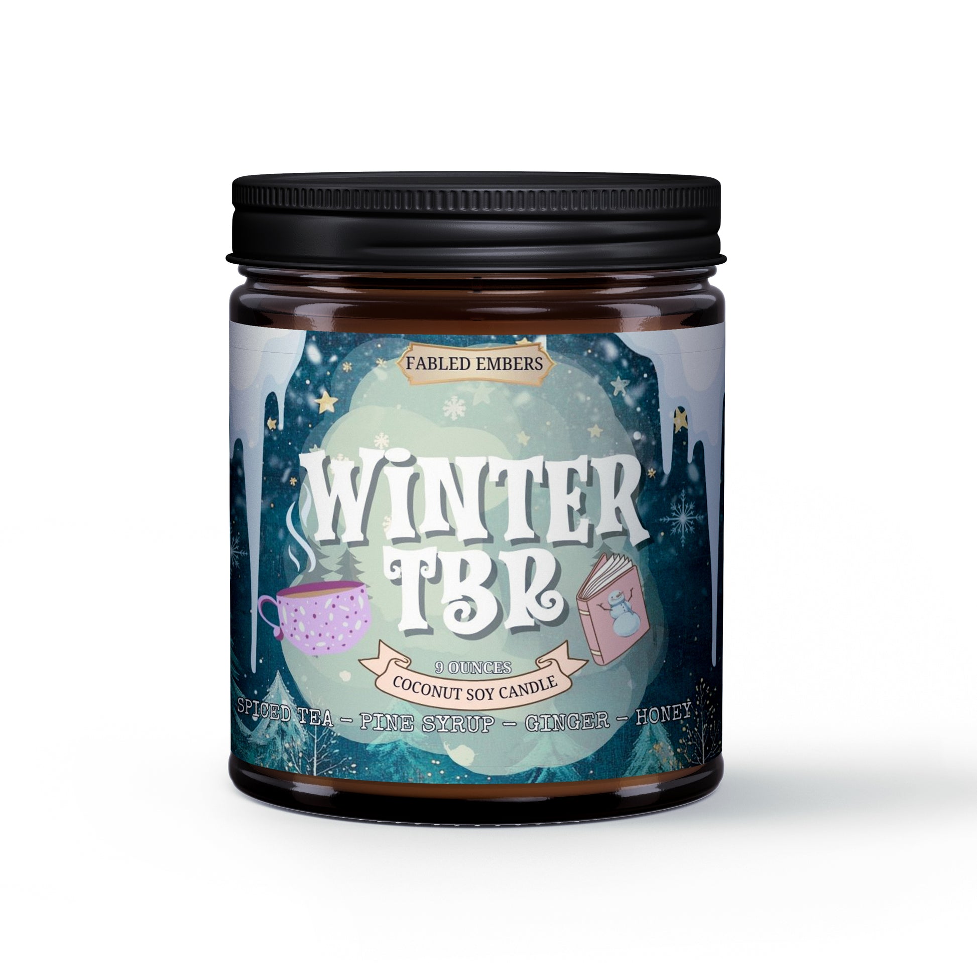 Candle jar with 'Winter TBR' label on a white background