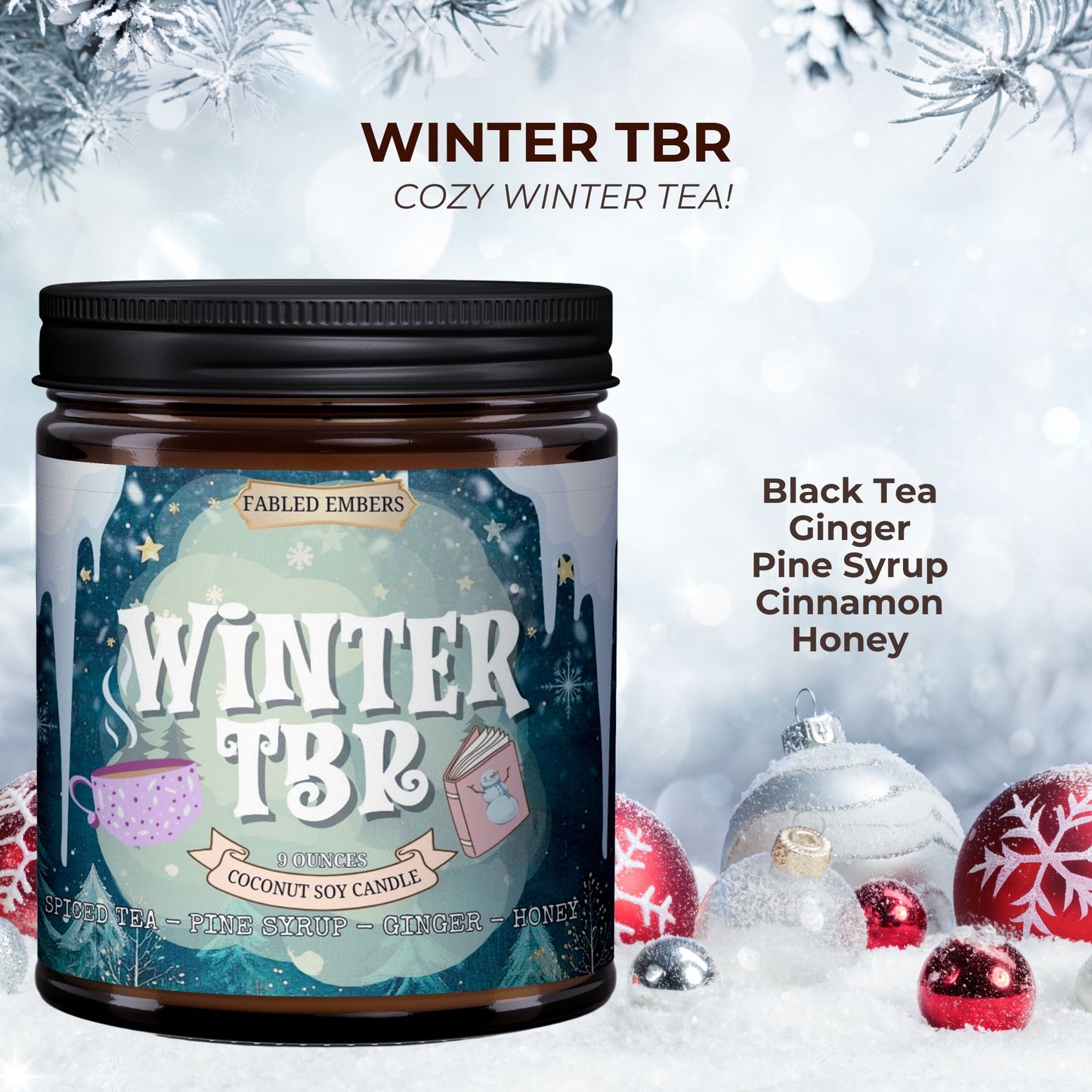 Fabled Embers Winter TBR candle jar with decorative elements on a snowy background