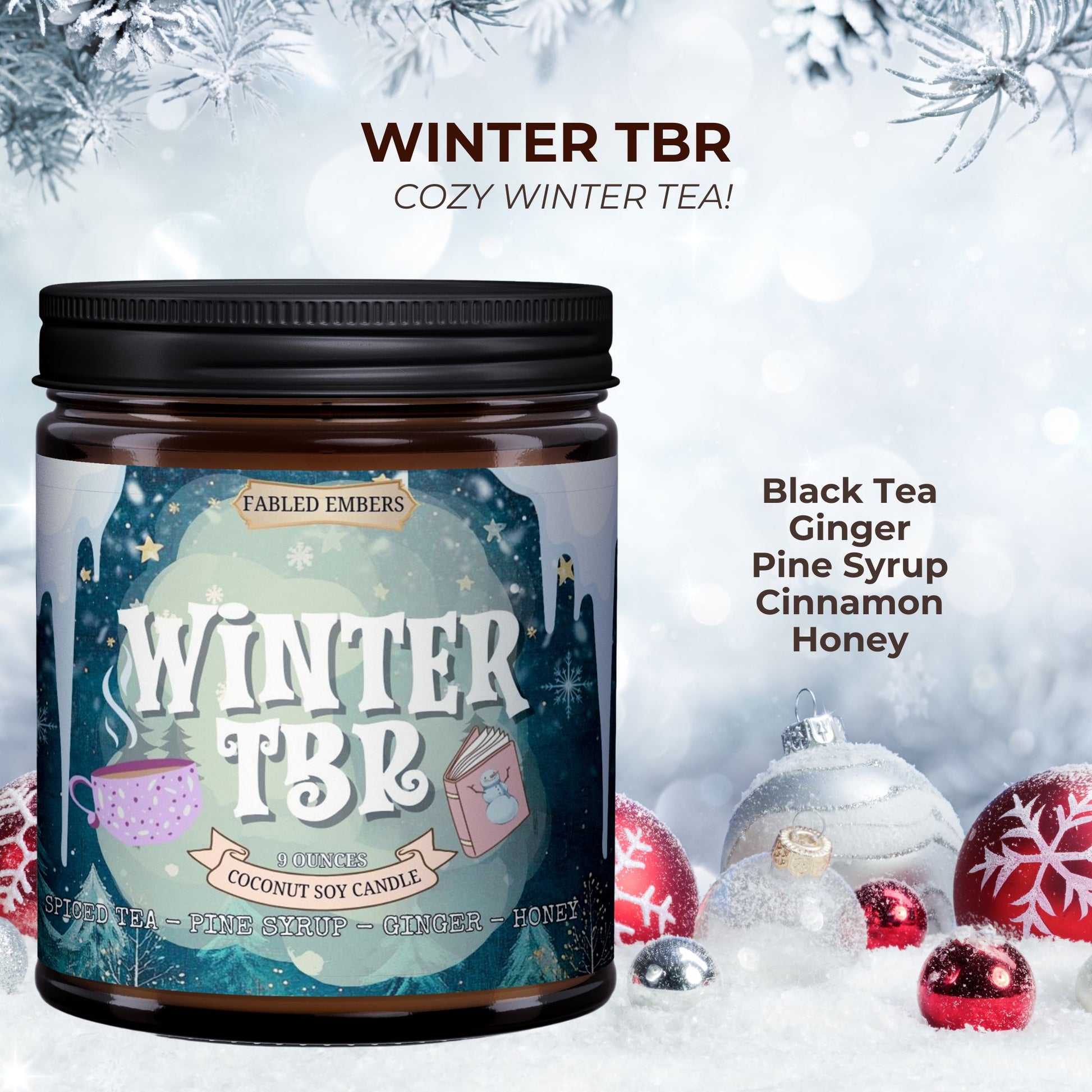 Fabled Embers Winter TBR candle jar with decorative elements on a snowy background