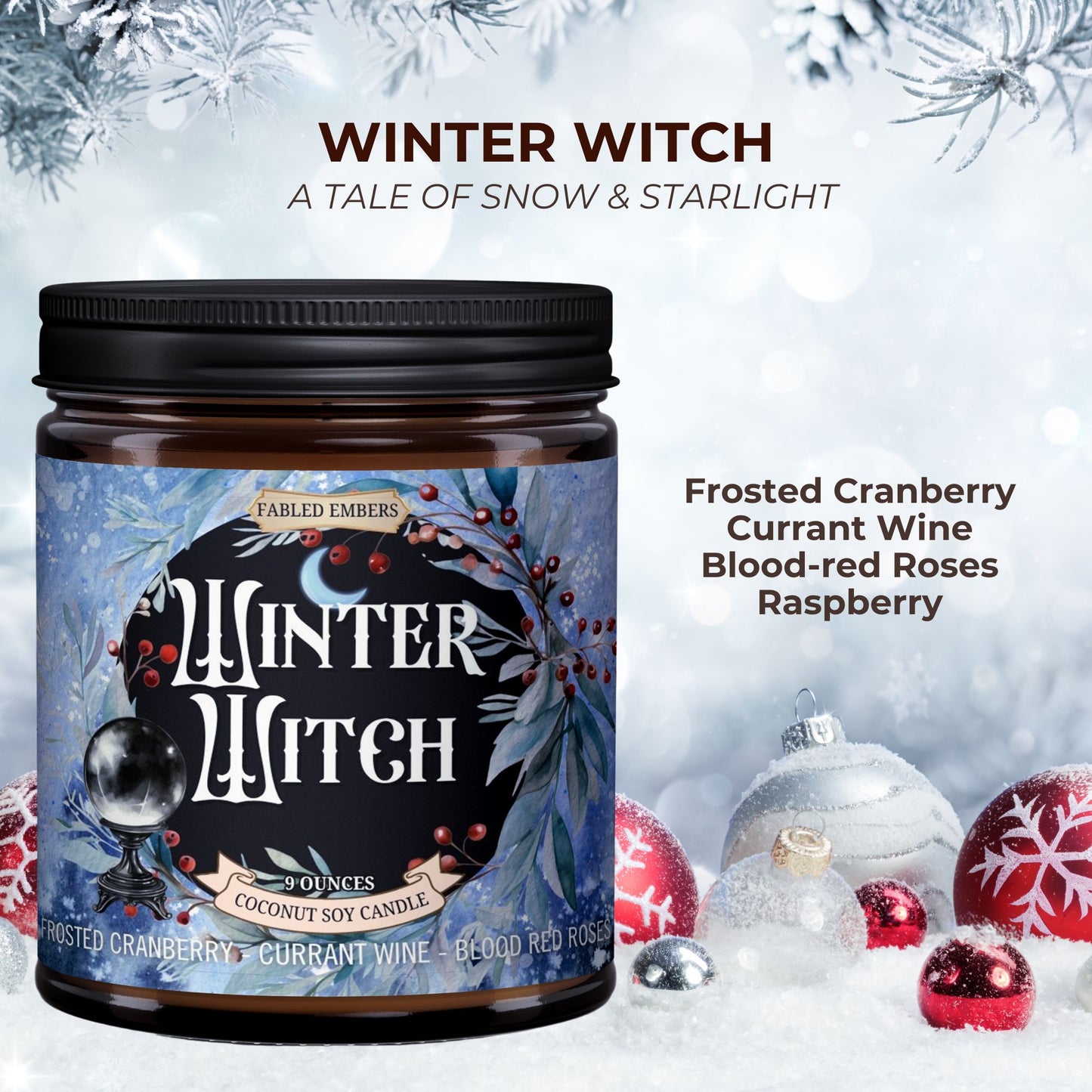 Candle jar labeled 'Winter Witch' with decorative elements on a snowy background