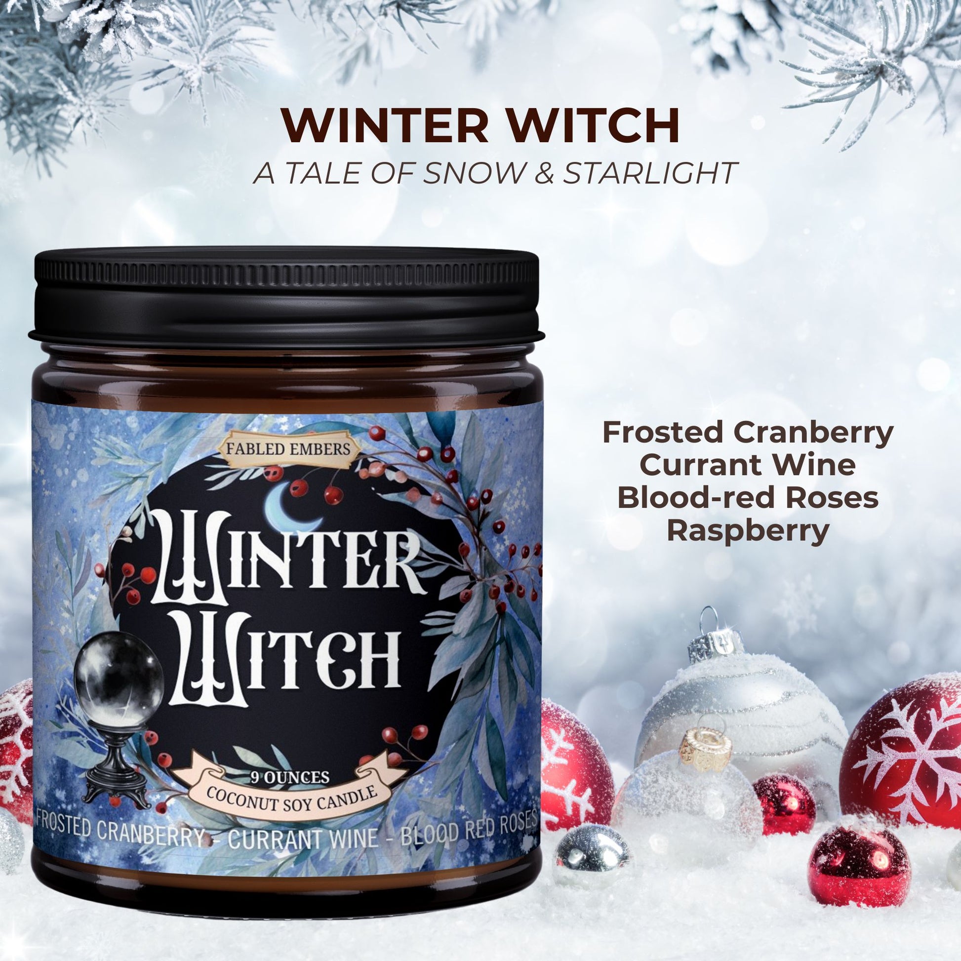 Candle jar labeled 'Winter Witch' with decorative elements on a snowy background